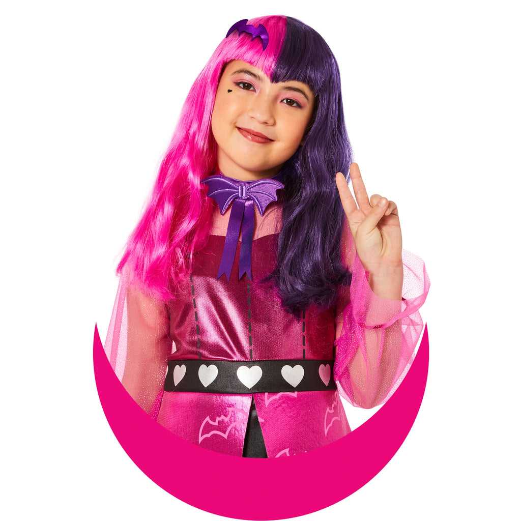 Girl in the Girls Monster High Draculaura Costume Wig Featuring a long, wavy wig styled with a center part, designed with a split color look combining deep purple on one side and bright pink on the other, with soft, voluminous waves that fall past the shoulders