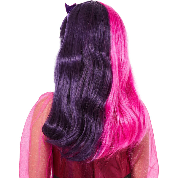 Back view of the Girls Monster High Draculaura Costume Wig Featuring a long, wavy wig styled with a center part, designed with a split color look combining deep purple on one side and bright pink on the other, with soft, voluminous waves that fall past the shoulders