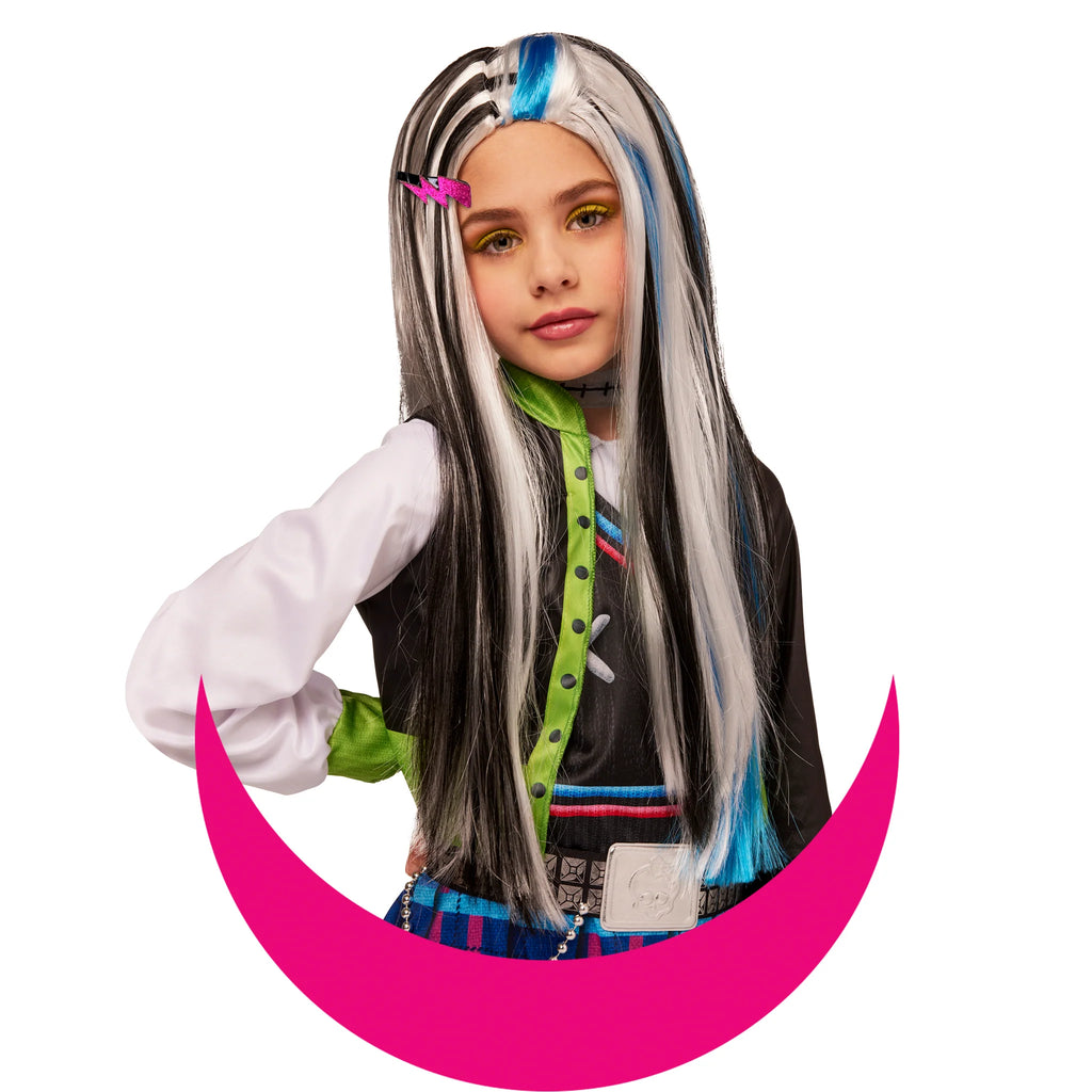 Girl in the Girls Monster High Frankie Stein Costume Wig Featuring a long, straight wig with a center part design, styled with alternating black and white streaks throughout, accented by thin bright blue highlights, and finished with smooth, layered strands that fall past the shoulders for a sleek, high-contrast look.
