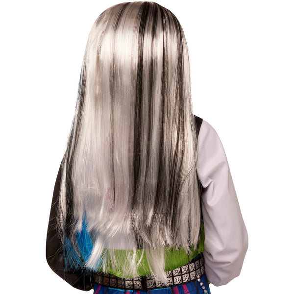 Back view of the Girls Monster High Frankie Stein Costume Wig Featuring a long, straight wig with a center part design, styled with alternating black and white streaks throughout, accented by thin bright blue highlights, and finished with smooth, layered strands that fall past the shoulders for a sleek, high-contrast look.