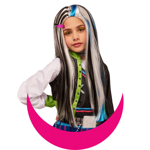 Girl in the Girls Monster High Frankie Stein Costume Wig Featuring a long, straight wig with a center part design, styled with alternating black and white streaks throughout, accented by thin bright blue highlights, and finished with smooth, layered strands that fall past the shoulders for a sleek, high-contrast look.