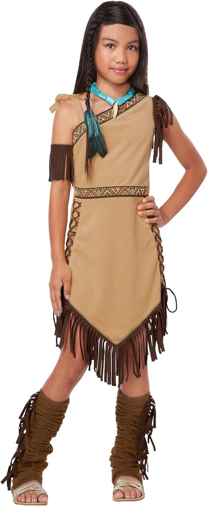 Girls Native American Princess Costume Dress Featuring a two-piece costume set including a tan dress with an asymmetrical neckline, decorative geometric trim along the neckline and waist, side lace-up detailing, and fringe accents along the hem and shoulder, paired with a matching arm band and brown boot tops designed with gathered fabric and fringe trim for a coordinated look.