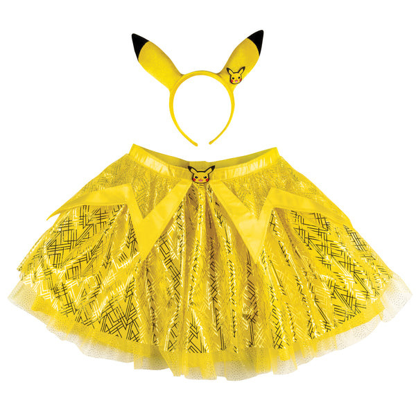 Girls Nintendo Pokemon Pikachu Tutu and Headband Kit featuring a bright two‑piece set that includes a layered yellow tutu skirt and a matching headband with Pikachu ears. The tutu is designed with multiple layers of soft yellow mesh and tulle, accented with gold geometric patterns and subtle sparkle details, along with a satin waistband finished with a small Pikachu character medallion at the front. The headband features tall, upright Pikachu ears in vibrant yellow with black tips and Pikachu