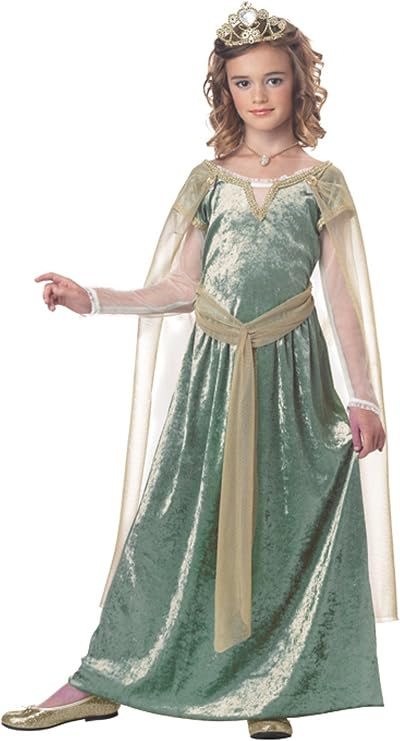 Girl in the Girls Queen Guinevere Costume Dress Featuring a long, elegant dress in a soft green velvet-style fabric with gold trim along the neckline and waist, designed with sheer mesh long sleeves, a flowing detachable cape that drapes from the shoulders, a coordinating gold belt that ties at the waist, and a gold-tone crown with ornate detailing to complete the royal look.