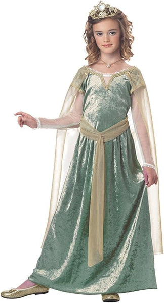 Girl in the Girls Queen Guinevere Costume Dress Featuring a long, elegant dress in a soft green velvet-style fabric with gold trim along the neckline and waist, designed with sheer mesh long sleeves, a flowing detachable cape that drapes from the shoulders, a coordinating gold belt that ties at the waist, and a gold-tone crown with ornate detailing to complete the royal look.