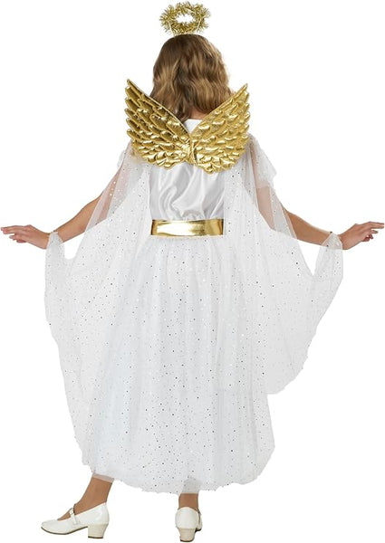 Back of Girl wearing the Girls Shimmering Starlight Angel Costume Dress Featuring a white dress with a satin-style bodice and a flowing high-low skirt made from layered sheer fabric with subtle sparkle accents, designed with attached mesh sleeve capes that drape from the shoulders to the wrists, a gold fabric belt connected to a sequined mesh overskirt, embossed metallic gold wings with elastic shoulder straps, and a headband topped with a shimmering gold tinsel halo.