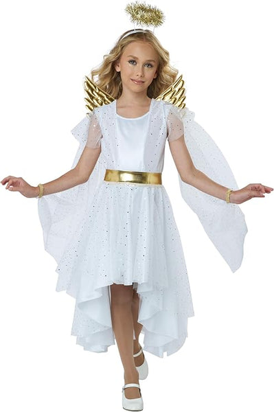 Girl wearing the Girls Shimmering Starlight Angel Costume Dress Featuring a white dress with a satin-style bodice and a flowing high-low skirt made from layered sheer fabric with subtle sparkle accents, designed with attached mesh sleeve capes that drape from the shoulders to the wrists, a gold fabric belt connected to a sequined mesh overskirt, embossed metallic gold wings with elastic shoulder straps, and a headband topped with a shimmering gold tinsel halo.