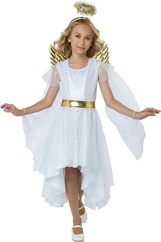 Girl wearing the Girls Shimmering Starlight Angel Costume Dress Featuring a white dress with a satin-style bodice and a flowing high-low skirt made from layered sheer fabric with subtle sparkle accents, designed with attached mesh sleeve capes that drape from the shoulders to the wrists, a gold fabric belt connected to a sequined mesh overskirt, embossed metallic gold wings with elastic shoulder straps, and a headband topped with a shimmering gold tinsel halo.