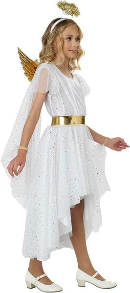 Side view of Girl wearing the Girls Shimmering Starlight Angel Costume Dress Featuring a white dress with a satin-style bodice and a flowing high-low skirt made from layered sheer fabric with subtle sparkle accents, designed with attached mesh sleeve capes that drape from the shoulders to the wrists, a gold fabric belt connected to a sequined mesh overskirt, embossed metallic gold wings with elastic shoulder straps, and a headband topped with a shimmering gold tinsel halo.