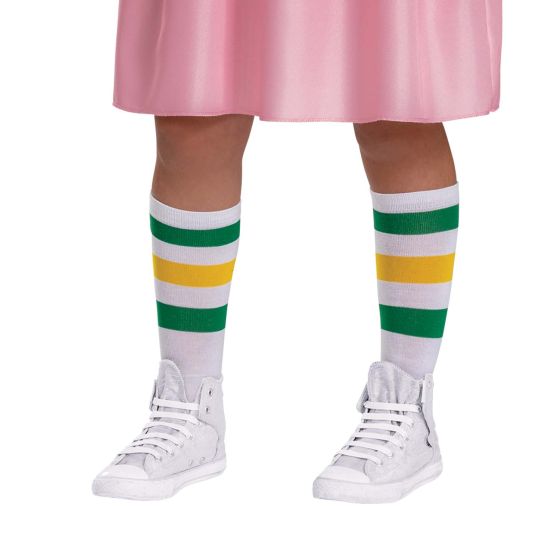 Close up of the socks from Girls/Teens Stranger Things Eleven Pink Costume Dress Featuring a pink long-sleeve dress with a smooth satin-like finish, this costume includes a gathered bodice with smocked detailing across the chest and elasticized cuffs at the wrists, along with a white collar at the neckline. The set also includes a pair of knee-high socks designed with green, yellow, and white horizontal stripes.