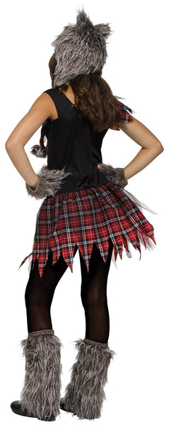 Back of Girl in the Wild Wolfie Costume featuring a playful two‑tone dress designed with a black fitted bodice and a layered red plaid skirt with jagged, torn-style edges for a rugged woodland look. The bodice includes printed claw mark detailing across the front and small faux‑fur accents, while the shoulders are finished with layered plaid and mesh trims for added texture. Also includes a plush faux‑fur wolf hat with pointed ears and ear flaps, matching fingerless paw gloves, and faux‑fur leg warmers