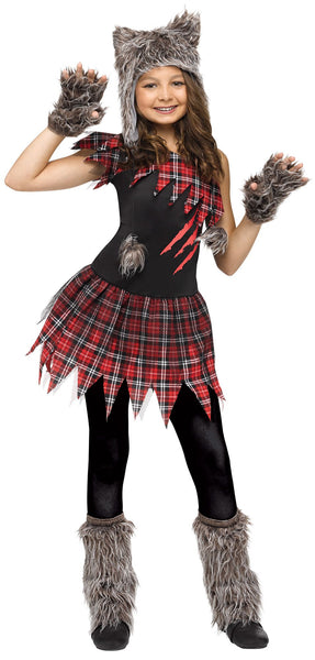 Girl in the Wild Wolfie Costume featuring a playful two‑tone dress designed with a black fitted bodice and a layered red plaid skirt with jagged, torn-style edges for a rugged woodland look. The bodice includes printed claw mark detailing across the front and small faux‑fur accents, while the shoulders are finished with layered plaid and mesh trims for added texture. Also includes a plush faux‑fur wolf hat with pointed ears and ear flaps, matching fingerless paw gloves, and coordinating faux‑fur leg warmers