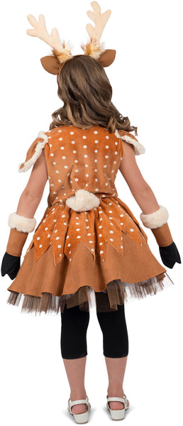 Girl wearing Girls Doe the Deer Costume featuring a soft, warm brown dress with a plush texture, lighter tan belly panel, and an attached faux‑fur tail at the back; includes a sweet character headband with upright deer ears and small antlers, and doe hooves wristlets, front view