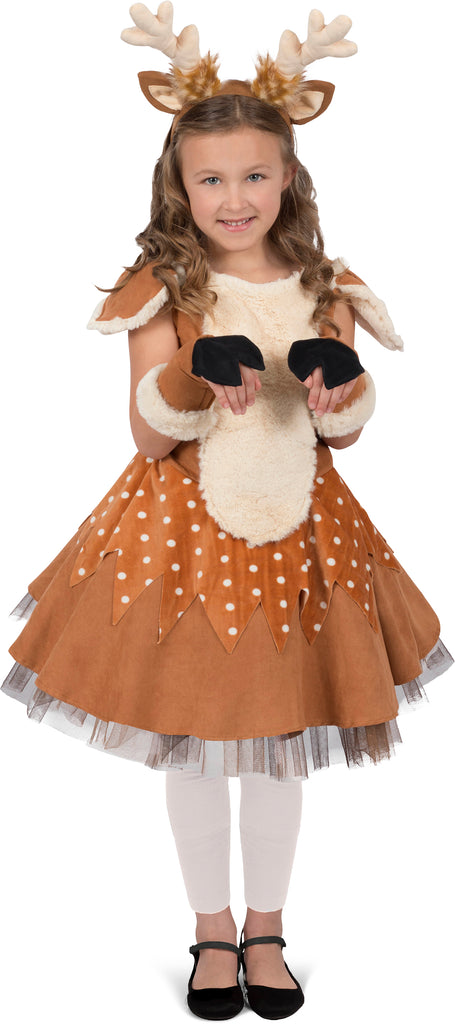 Girl wearing Girls Doe the Deer Costume featuring a soft, warm brown dress with a plush texture, lighter tan belly panel, and an attached faux‑fur tail at the back; includes a sweet character headband with upright deer ears and small antlers, and doe hooves wristlets, front view