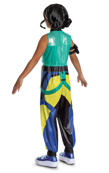 Back of Girls K-Pop Demon Hunters Zoey Costume featuring one‑piece outfit designed with a teal sleeveless top and bold multicolor pants in black, blue, and neon yellow. The top includes a printed zipper detail down the front, gold geometric trim across the chest, and a matching belt design at the waist. The pants are styled with large graphic panels, decorative patterns, and contrasting sections that create a dynamic, performance‑ready look. The costume also includes a coordinating arm band accessory