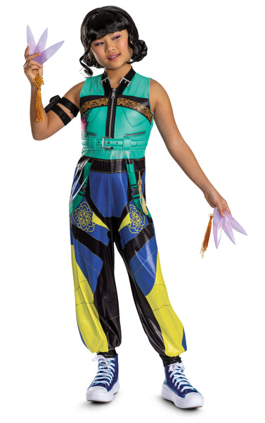 Girl with blades posing in the Girls K-Pop Demon Hunters Zoey Costume featuring one‑piece outfit designed with a teal sleeveless top and bold multicolor pants in black, blue, and neon yellow. The top includes a printed zipper detail down the front, gold geometric trim across the chest, and a matching belt design at the waist. The pants are styled with large graphic panels, decorative patterns, and contrasting sections that create a dynamic, performance‑ready look. The costume also includes an armband