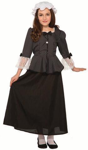 A girl posing in the Girls Martha Washington Costume
Featuring a long black colonial‑style dress with a pinstriped bodice, fitted waist, and full‑length solid black skirt; designed with lace‑trimmed white faux‑cuffs at the sleeves, small black bow accents, decorative front buttons, and a matching white colonial mob cap headpiece that completes the authentic 18th‑century look