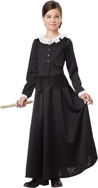 Girl in the Girls Susan B. Anthony Costume Featuring a long black full-length dress with a fitted bodice, button front detail, and gently flared skirt, designed with interchangeable accessories including a delicate white lace collar, a ruffled collar option, removable lace cuffs, a fabric hair wrap, and a cameo-style pin for customizable styling.
