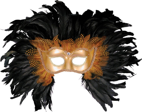 Gold and Black Feather Venetian Masquerade Costume Mask features  a metallic gold half‑face mask with softly sculpted contours and ornate trim outlining the eye openings; surrounded by dramatic layered black feathers that fan outward in a wide halo shape, interspersed with smaller gold‑dotted feather accents near the mask base; finished with a delicate gold edging and textured detailing that blends seamlessly into the feather arrangement, creating a rich, theatrical silhouette