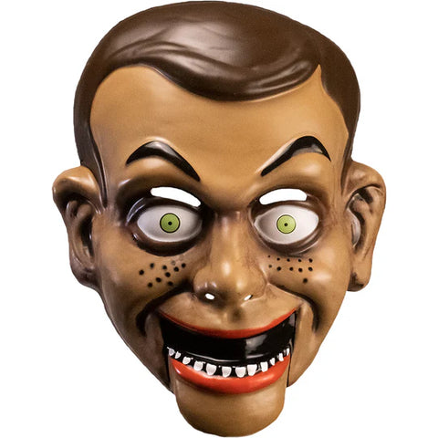 Goosebumps Night of the Living Dummy Slappy the Dummy Vacuform Costume Mask features a lightweight, vacuform mask with Slappy's instantly recognizable mischievous grin, arched eyebrows, sharp cheek contours, slicked brown hair, and bold painted details that recreate the vintage book-cover look of the infamous ventriloquist dummy, front view