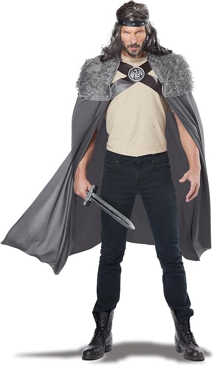 Man posing in the Gray Medieval Viking Dragon Master Cape Costume Accessory Featuring a long gray cape made from smooth fabric with a flowing full-length design, accented with a plush fur-style yoke across the shoulders, crossed faux leather-look straps at the chest, and a round molded dragon medallion centerpiece that secures the front for a layered, warrior-inspired finish.