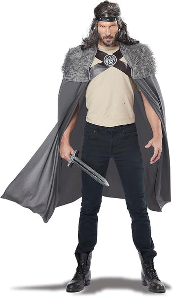 Man posing in the Gray Medieval Viking Dragon Master Cape Costume Accessory Featuring a long gray cape made from smooth fabric with a flowing full-length design, accented with a plush fur-style yoke across the shoulders, crossed faux leather-look straps at the chest, and a round molded dragon medallion centerpiece that secures the front for a layered, warrior-inspired finish.