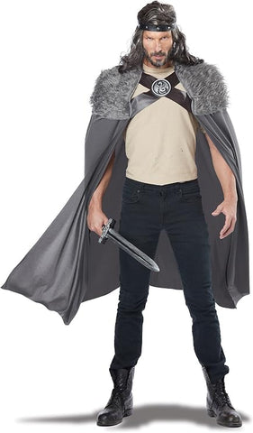 Man posing in the Gray Medieval Viking Dragon Master Cape Costume Accessory Featuring a long gray cape made from smooth fabric with a flowing full-length design, accented with a plush fur-style yoke across the shoulders, crossed faux leather-look straps at the chest, and a round molded dragon medallion centerpiece that secures the front for a layered, warrior-inspired finish.
