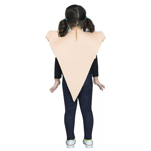 Back of toddler girl in the Toddlers Little Pizza Slice Costume featuring a photoreal printed tunic designed to look like a classic slice of pepperoni pizza, with detailed sauce, melted cheese, and pepperoni toppings on the front; styled with a soft stuffed “crust” at the shoulders for dimension and a plain knit poly back for comfort and easy wear, creating a lightweight, slip‑on design