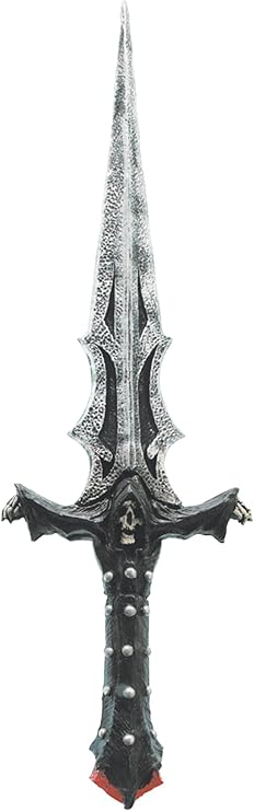 Grim Reaper Death's Dagger Knife Costume Prop Weapon Featuring a 16-inch molded plastic costume dagger designed with a long, narrow blade measuring approximately 10.2 inches, finished in a weathered silver and black texture, paired with a 5-inch black handle detailed with raised accents, studs, and a skull motif at the hilt, constructed from slightly flexible, rubberized material for lightweight handling.