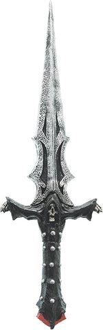 Grim Reaper Death's Dagger Knife Costume Prop Weapon Featuring a 16-inch molded plastic costume dagger designed with a long, narrow blade measuring approximately 10.2 inches, finished in a weathered silver and black texture, paired with a 5-inch black handle detailed with raised accents, studs, and a skull motif at the hilt, constructed from slightly flexible, rubberized material for lightweight handling.
