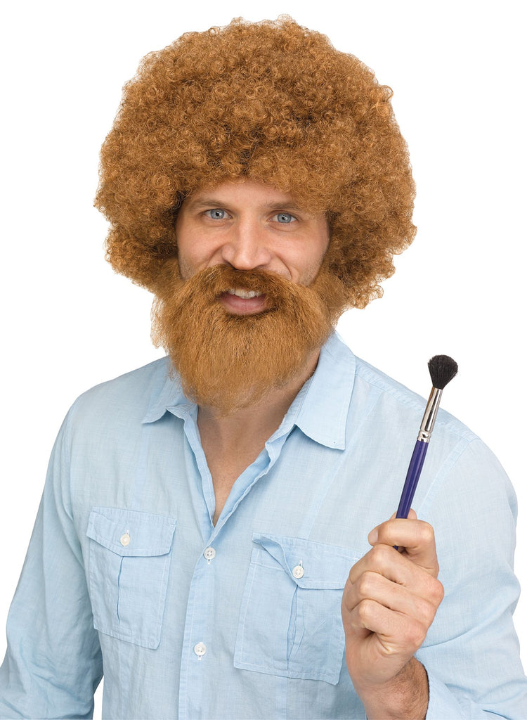 Groovin' Artist Costume Wig featuring a full, voluminous synthetic wig styled into a rounded, dense curly afro shape in a warm light‑brown tone; paired with a matching full beard and moustache set designed with a soft, textured finish that blends seamlessly with the hair for a cohesive, natural look
