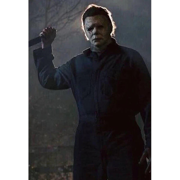 Halloween 2018 Movie Michael Myers Costume Mask features a screen accurate, latex, sculpt with aged, pale, lifeless finish, cut and weathered details, and rooted brown hair, cinematic view