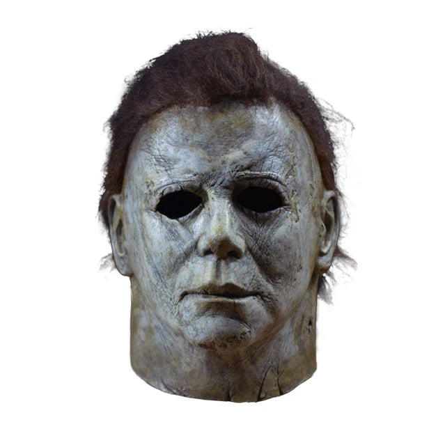 Halloween 2018 Movie Michael Myers Costume Mask features a screen accurate, latex, sculpt with aged, pale, lifeless finish, cut and weathered details, and rooted brown hair, front view
