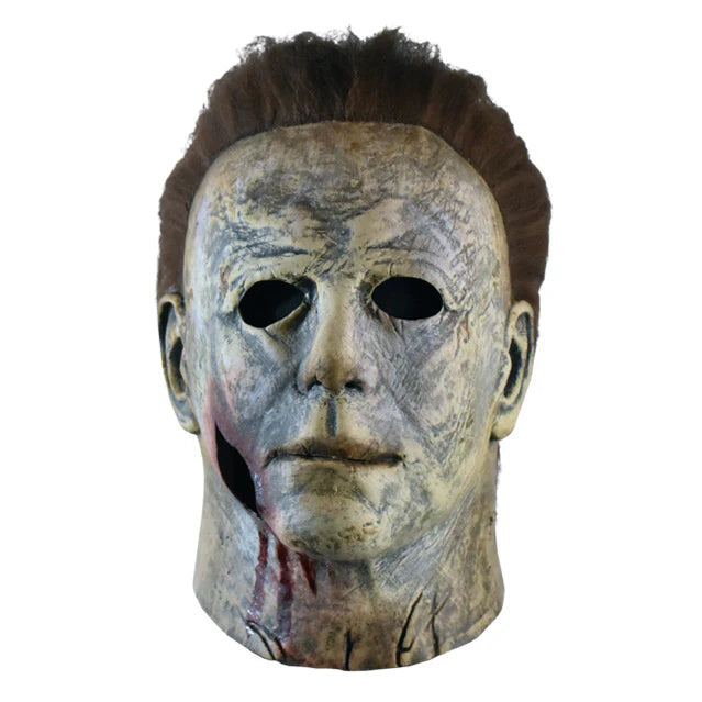 Halloween 2018 Movie Michael Myers Final Battle Bloody Edition Costume Mask Features a screen-accurate latex sculpt with cut and weathered facial features, realistic gash and blood, layered over a pale, deathly finish, and attached hair, front view