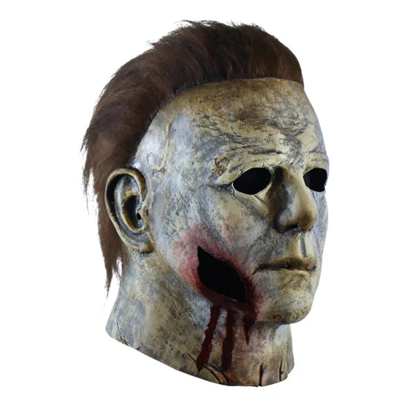 Halloween 2018 Movie Michael Myers Final Battle Bloody Edition Costume Mask Features a screen-accurate latex sculpt with cut and weathered facial features, realistic gash and blood, layered over a pale, deathly finish, and attached hair, right side profile
