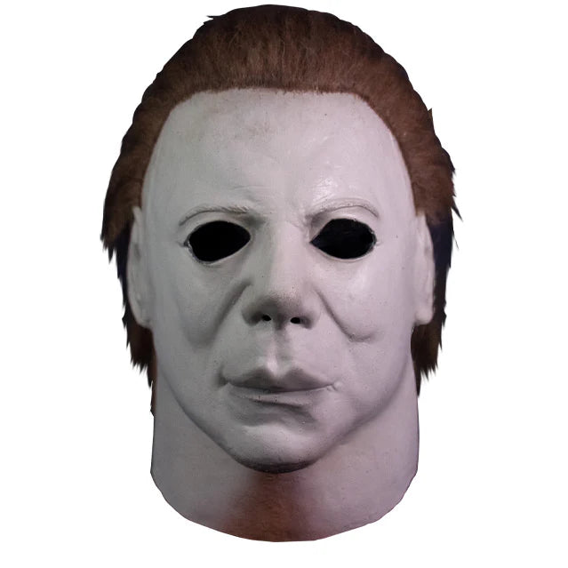 Halloween 4 The Return of Michael Myers Poster Costume Mask features a latex stylized sculpt with smooth, graphic facial contours, a cold, pale finish, hollow eyes, and attached hair, front view