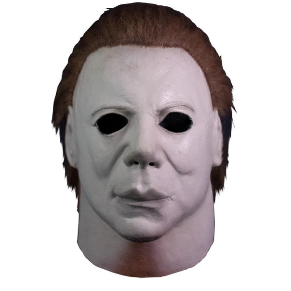 Halloween 4 The Return of Michael Myers Poster Costume Mask features a latex stylized sculpt with smooth, graphic facial contours, a cold, pale finish, hollow eyes, and attached hair, front view