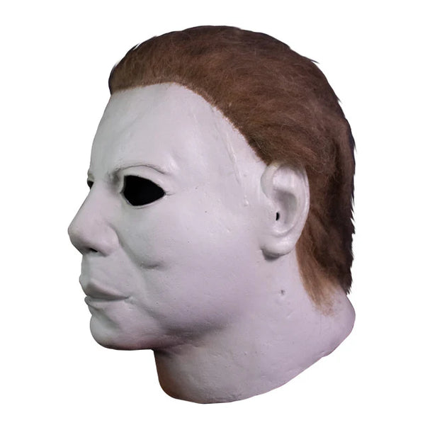 Halloween 4 The Return of Michael Myers Poster Costume Mask features a latex stylized sculpt with smooth, graphic facial contours, a cold, pale finish, hollow eyes, and attached hair, left side profile