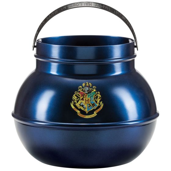 Harry Potter Jumbo Hogwarts Cauldron Trick or Treat Pail Bucket Featuring a rounded cauldron-style pail in a metallic blue finish, this bucket includes a wide open top and a curved black handle attached at both sides. The front displays a Hogwarts crest graphic with multicolored detailing, while the handle features embossed text reading Happy Halloween