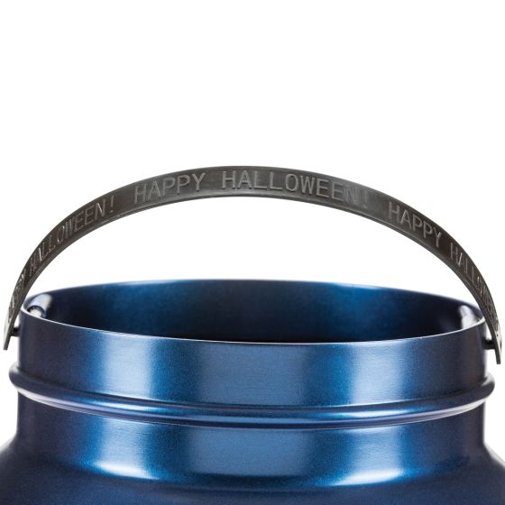 Handle close up of Harry Potter Jumbo Hogwarts Cauldron Trick or Treat Pail Bucket Featuring a rounded cauldron-style pail in a metallic blue finish, this bucket includes a wide open top and a curved black handle attached at both sides. The front displays a Hogwarts crest graphic with multicolored detailing, while the handle features embossed text reading Happy Halloween