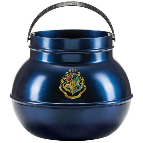 Harry Potter Jumbo Hogwarts Cauldron Trick or Treat Pail Bucket Featuring a rounded cauldron-style pail in a metallic blue finish, this bucket includes a wide open top and a curved black handle attached at both sides. The front displays a Hogwarts crest graphic with multicolored detailing, while the handle features embossed text reading Happy Halloween