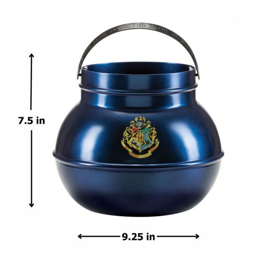 Measurements of Harry Potter Jumbo Hogwarts Cauldron Trick or Treat Pail Bucket Featuring a rounded cauldron-style pail in a metallic blue finish, this bucket includes a wide open top and a curved black handle attached at both sides. The front displays a Hogwarts crest graphic with multicolored detailing, while the handle features embossed text reading Happy Halloween