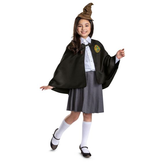 Girls Harry Potter Sorting Hat and Cape Costume Accessory Set
Includes a black cape designed with a wide drape and classic wizard silhouette with a Hogwarts‑style crest printed on the chest, adding an instantly recognizable wizarding detail. The set also includes a soft sculpted Sorting Hat headpiece designed in textured brown fabric with stitched seam accents and a wrinkled, facial expression shape that captures the iconic magical hat look.