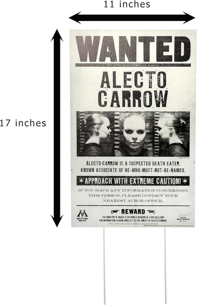Wanted Alecto Carrow in a grayscale image panel, official‑style warnings such as “APPROACH WITH EXTREME CAUTION,” and reward notices, along with Ministry insignia and additional wizarding details that complete the immersive look