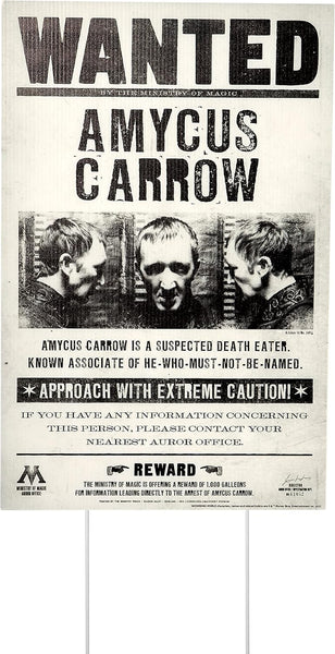  Wanted Amycus Carrow in a grayscale image panel, official‑style warnings such as “APPROACH WITH EXTREME CAUTION,” and reward notices, along with Ministry insignia and additional wizarding details that complete the immersive look