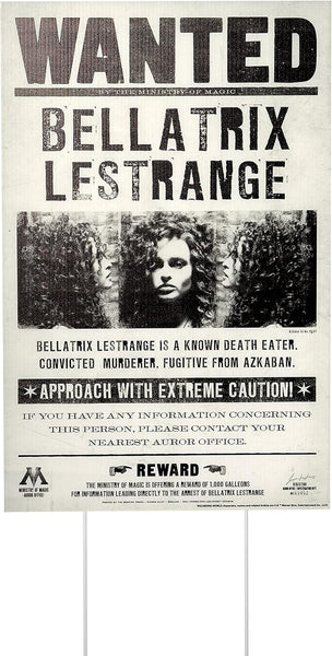 Wanted Bellatrix Lestrange in a grayscale image panel, official‑style warnings such as “APPROACH WITH EXTREME CAUTION,” and reward notices, along with Ministry insignia and additional wizarding details that complete the immersive look