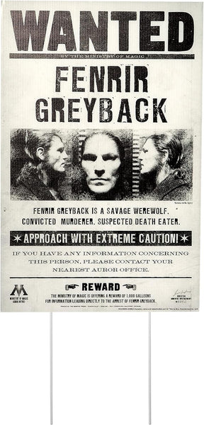 Wanted Fenrir Greyback in a grayscale image panel, official‑style warnings such as “APPROACH WITH EXTREME CAUTION,” and reward notices, along with Ministry insignia and additional wizarding details that complete the immersive look