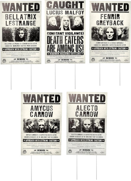 Featuring coordinated collection of five vintage‑style yard signs designed to resemble Ministry of Magic enforcement posters, each mounted on thin stake supports for ground display. Showcasing Bellatrix Lestrange, Lucius Malfoy, Fenrir Greyback, Amycus Carrow, and Alecto Carrow. Each poster includes grayscale image panels, official‑style warnings such as “APPROACH WITH EXTREME CAUTION,” and reward notices, along with Ministry insignia and additional wizarding details that complete the immersive look