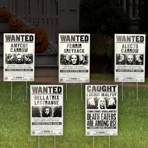 Lawn Featuring a coordinated collection of five vintage‑style yard signs designed to resemble Ministry of Magic enforcement posters, each mounted on thin stake supports for ground display. Showcasing Bellatrix Lestrange, Lucius Malfoy, Fenrir Greyback, Amycus Carrow, and Alecto Carrow. Each poster includes grayscale image panels, official‑style warnings such as “APPROACH WITH EXTREME CAUTION,” and reward notices, along with Ministry insignia and additional wizarding details that complete the immersive look