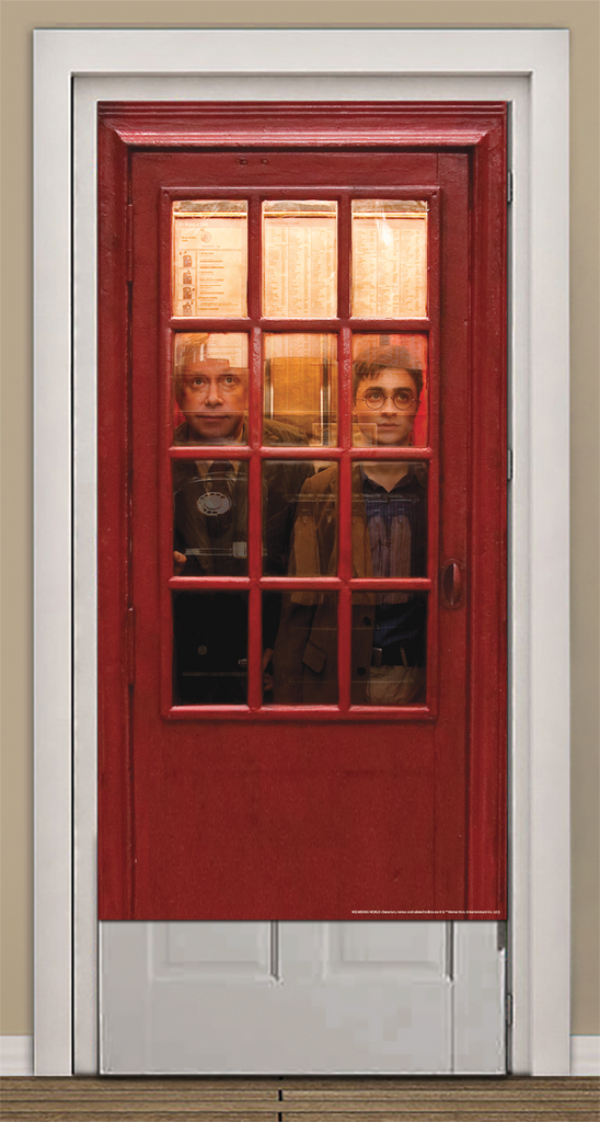 Harry Potter Telephone Booth Door Cover Decoration features door sized printed backdrop designed to replicate the iconic bright red British telephone booth used as the secret entrance to the Ministry of Magic; the design includes a richly colored red door with paneled molding and multiple window panes, behind which are printed images of Harry Potter and Arthur Weasley standing inside, along with interior booth details like directory listings and a classic rotary phone, creating a layered, cinematic illusion